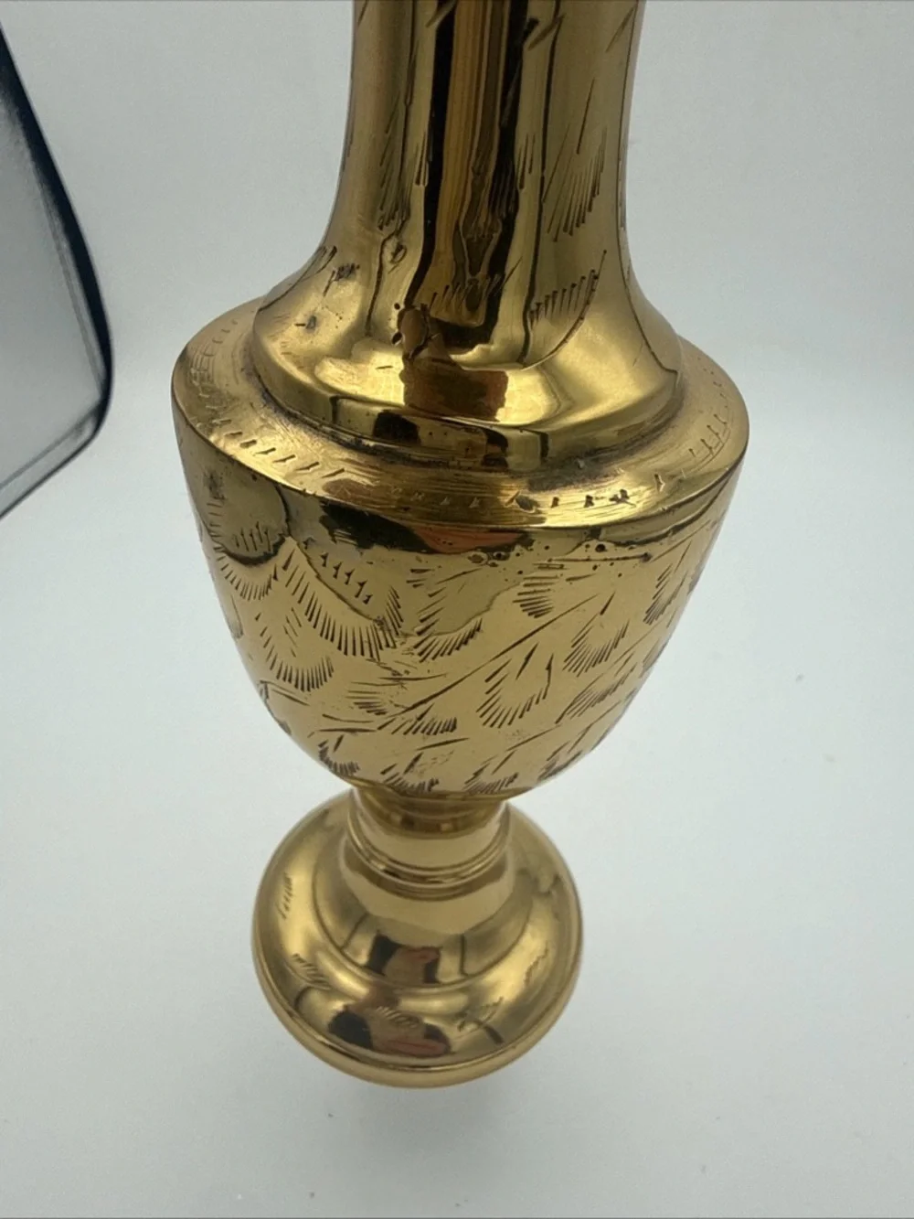 VTG Brass etched Leaf Design Flared Rim 7.75” Vase India